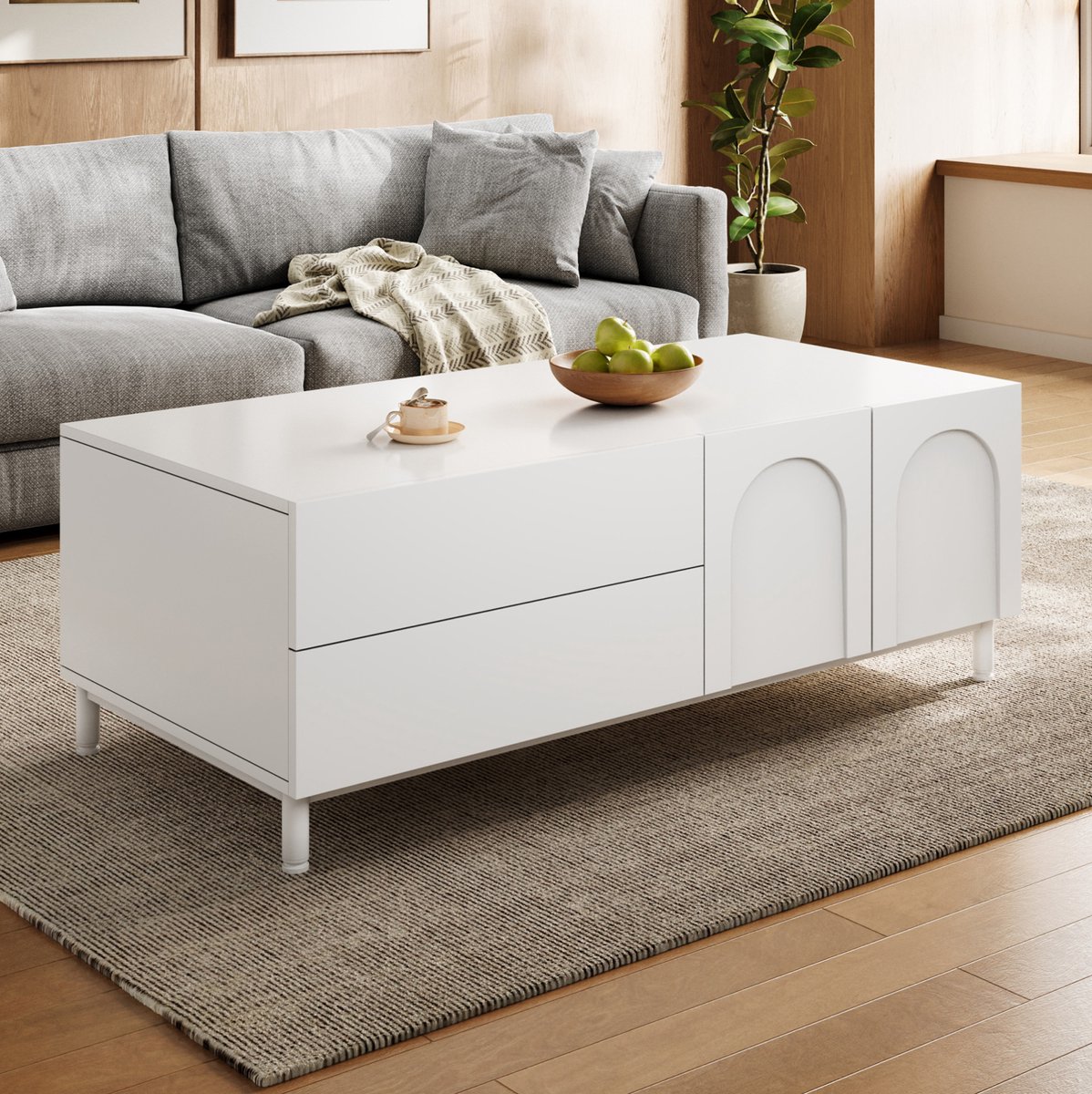 DESMIU Salontafel - Rechthoekig Met 2 Laden En 2 Deuren - Voor Woonkamer - Hout En MDF - 100x50x39,5 Cm - Wit