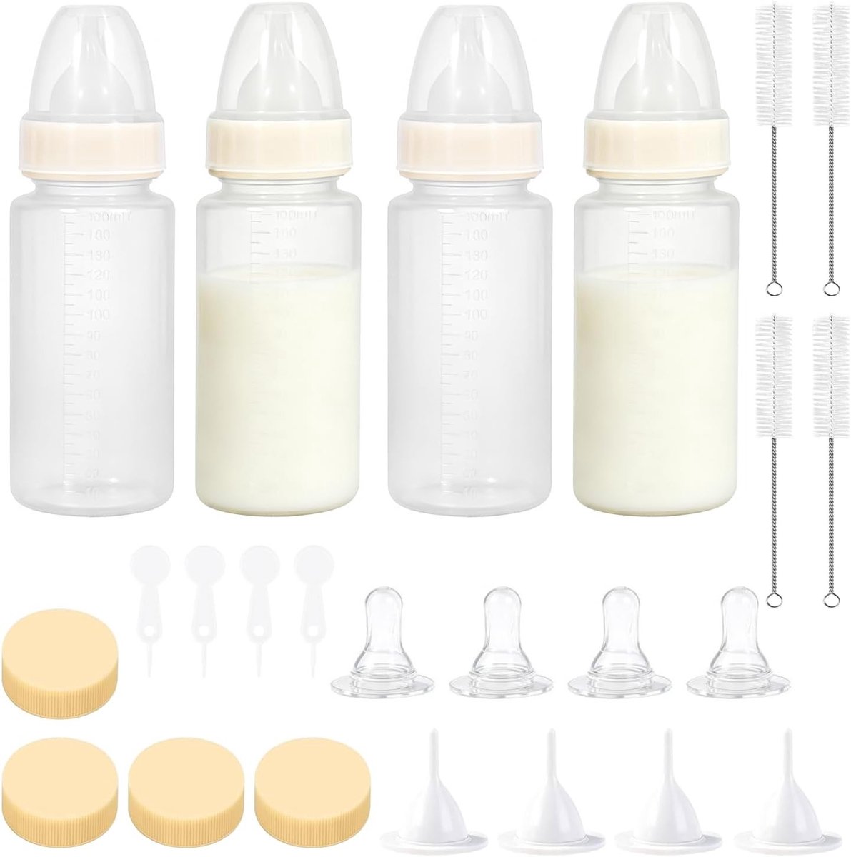 Set van 4 voedermelkflesjes voor puppy's en kittens, BPA-vrij, met 8 reservenipels en reinigingsborstels, ideaal voor jonge dieren en hamsters, 150 ml per flesje