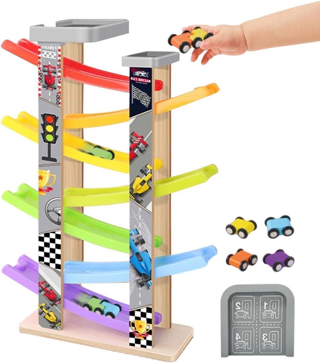 Houten Autobaan - Racebaan Kinderen - Leren Spelen - 7 Niveaus - 44 x 13 x 8 cm - Multicolor