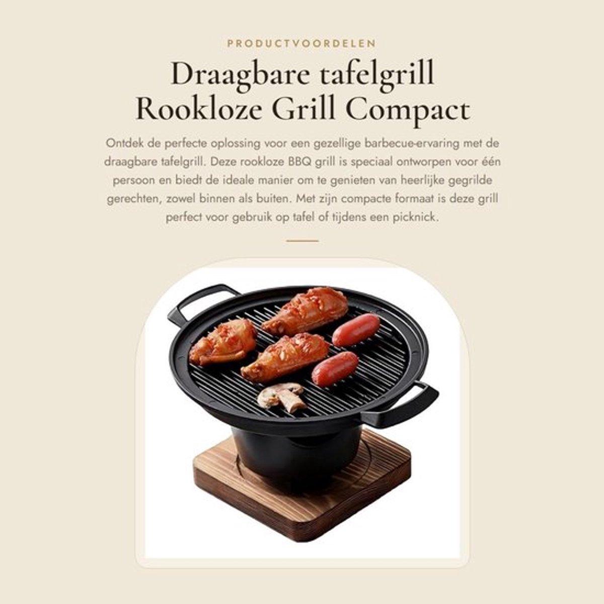 Tafelgrill Rookloos - Draagbare BBQ Grill - Houtskoolgrill - Mini Tafelblad - Eikenhout/Aluminiumlegering - Binnendiameter 17 cm - Barbecue