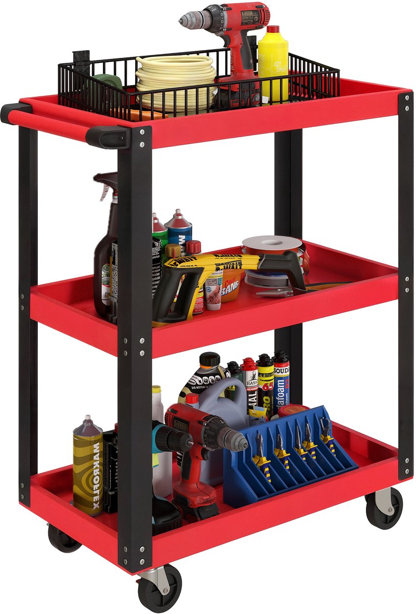Gereedschapswagen met 3 niveaus - metalen frame - draagvermogen 120 kg - wielen - handgreep - rood