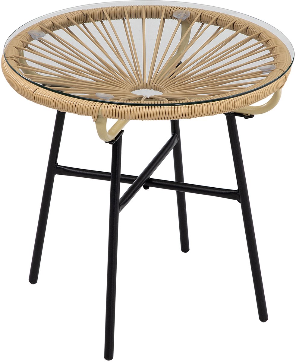 Tuintafel in boho - stijl - PE - rotan - gehard glas - weerbestendig - 50 cm x 50 cm x 50 cm - beige