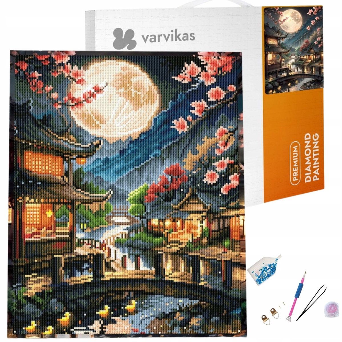 Diamond Painting 40x50cm: Japanse Maan op Houten Frame