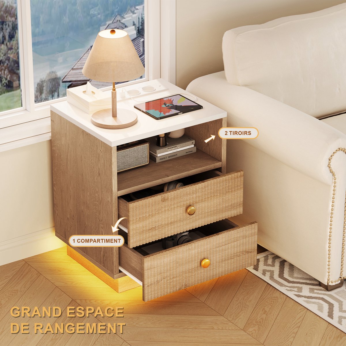 Nachtkastje - Nachtkastjes Set van 2- Eiken kleur - 44 x 38 x 55 cm - Met Stopcontact en USB-poorten - LED Verlichting - Kast - Kasten - Kast met 2 Lades - Table de chevet - Nachtkastjes Modern