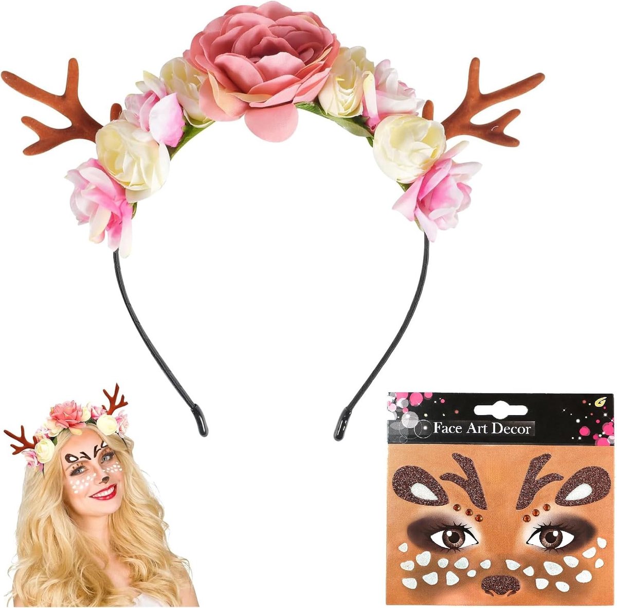 Kerst Hoorn Haarband met Hertengezicht Stickers voor Vrouwen en Kinderen - Feestelijke Accessoires voor Kerst, Reindeer Kostuum en Fotoprops