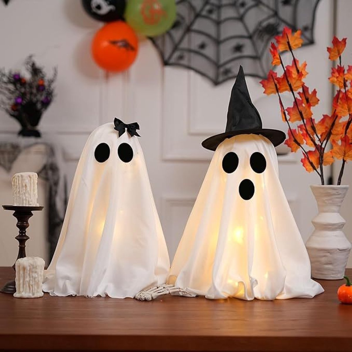 2 Halloween-spookdecoraties (batterijen niet inbegrepen) - Met hoed (48 cm hoog) - Met vlinderdas (37 cm hoog) - Binnenspookjes - Schattig en griezelig - Veelzijdig - Zwart, wit