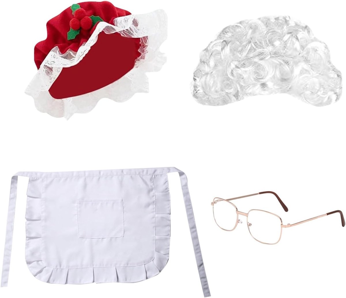 4-delige Kerst Mrs. Claus Kostuum Set met Schort, Hoed, Bril en Perücke voor Feestdagen en Nieuwjaar