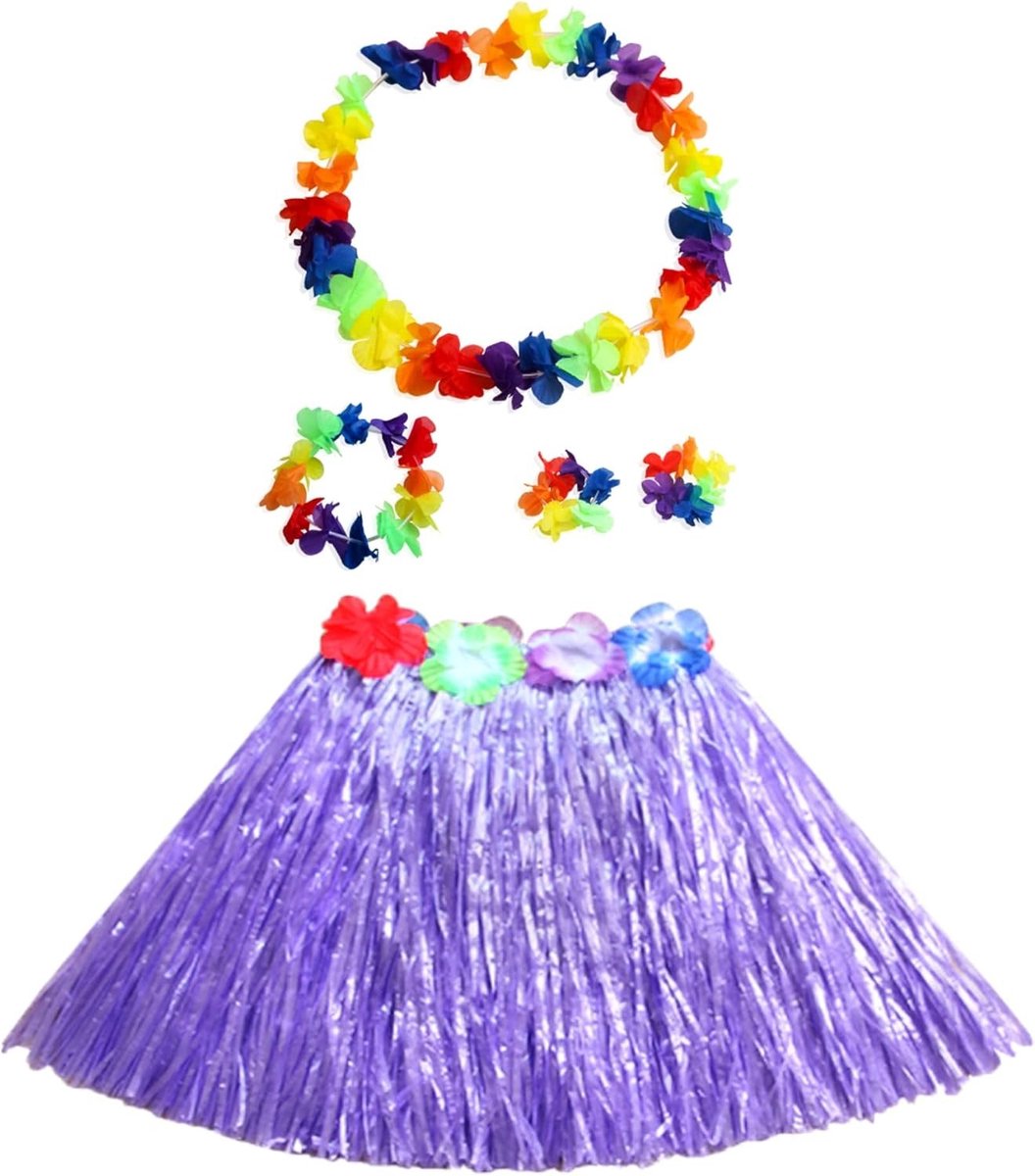 Hawaiiaanse Gras Hula Rok met Krans, Geschikt voor Feestjes, Verjaardagen en Carnaval - Paars Hula Kostuum Set