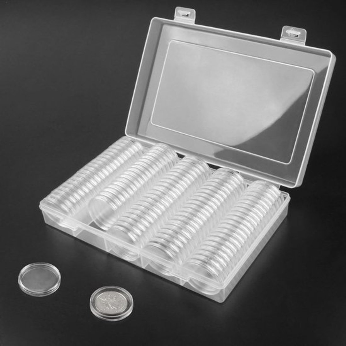 Transparante muntencapsules 30mm voor 2 euro munten - 100 stuks met opbergdoos voor verzameling en display