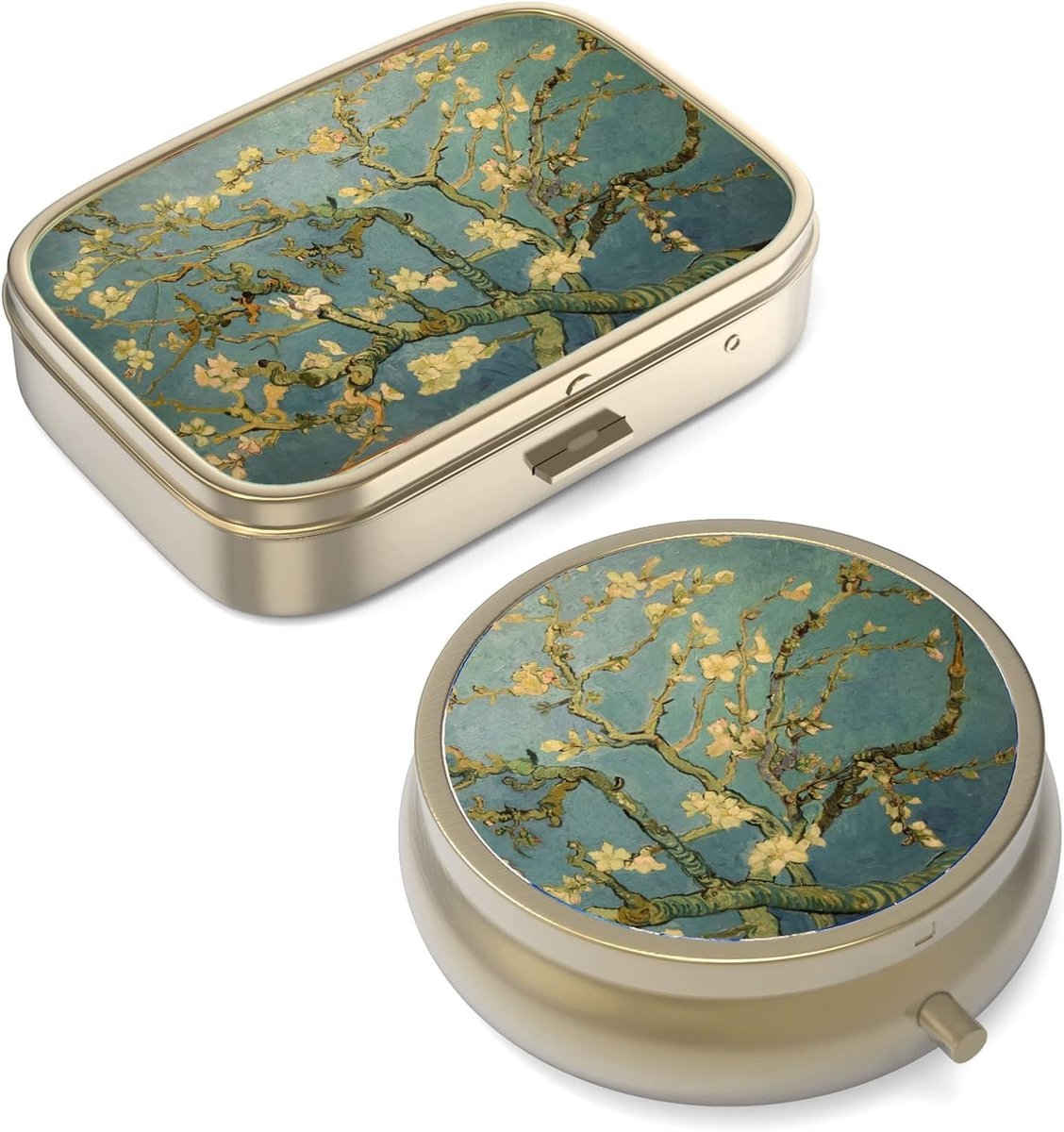 Retro Pillendoos met Spiegel - Compacte Pillendoos voor Vitaminen, Visolie en Supplementen - Perfect voor Reis en Cadeaus (2 Stuks)