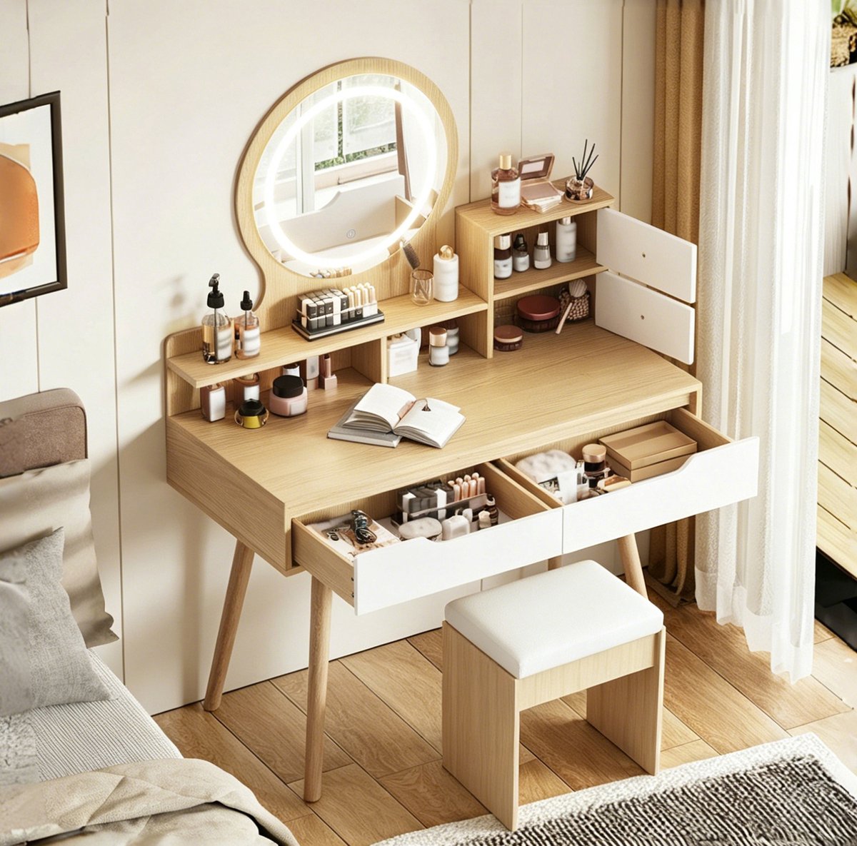 Wishdor Kaptafel met spiegel en LED-verlichting - Opberglades en gestoffeerde hocker - MDF - Naturel hout - 80 x 40 x 135 cm Natural Wood