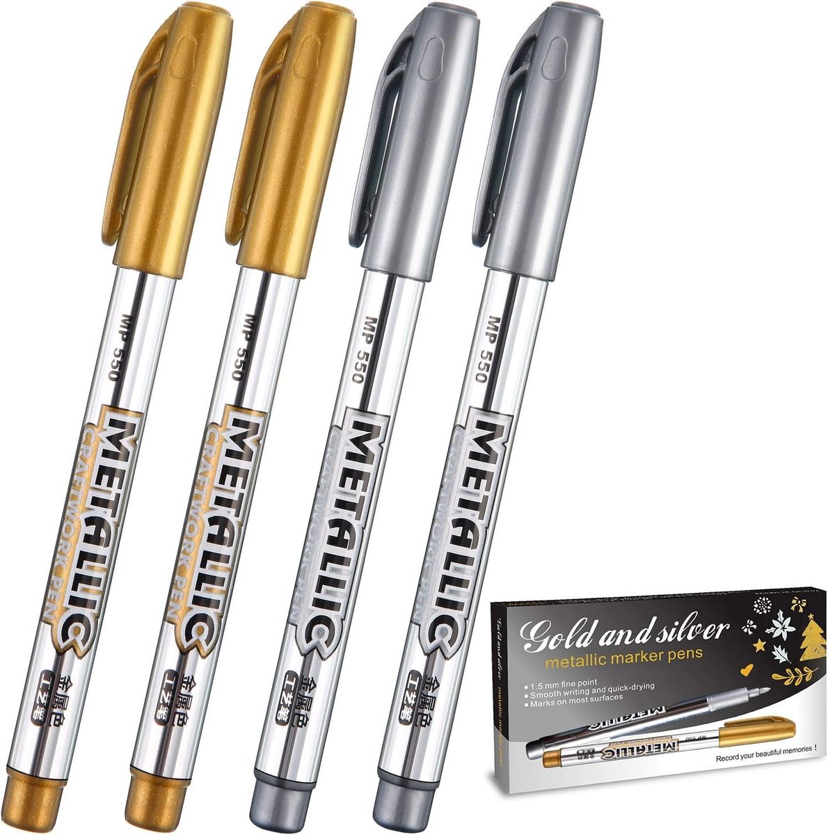 Gouden en zilveren permanente markers voor kaarten, handtekeningen en metallic kunstprojecten (1.5mm, 4 stuks)