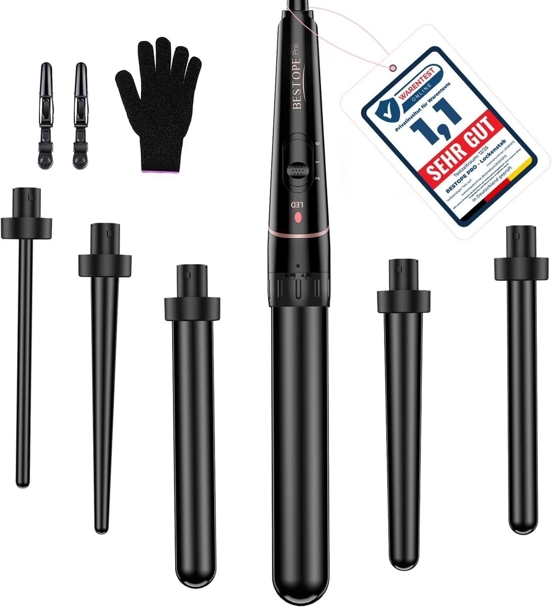 Wafeltang haar - Zwart - 6 Opzetstukken - Toermalijn-Keramische Krultangset - Voor Alle Haartypes