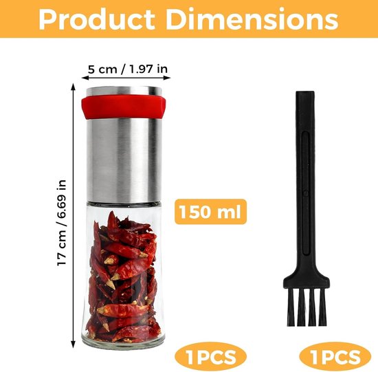 Chili Molen van RVS met Borstel, 150 ml Specerijenmolen voor Grof Malen van Chili, Zout, Peper en Kruiden voor in de Keuken en BBQ — afbeelding 5