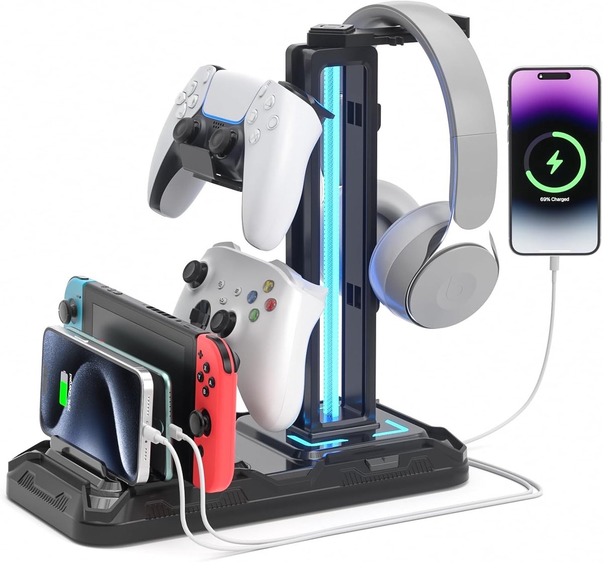 Gaming accesoires - Zwart - Headsetstandaard met 9 Lichtmodi - Oplaadstation met USB en Controllerhouder - Voor PC Gaming