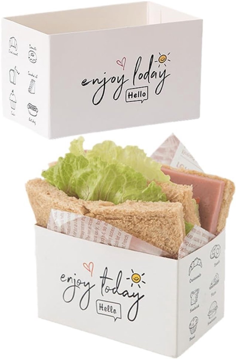 Set van 50 Stuks Papieren Afhaalcontainers voor Sandwiches, Mini Burgerdozen en Toasthouders voor Voedsel, Perfect voor Restaurants en Picknicks