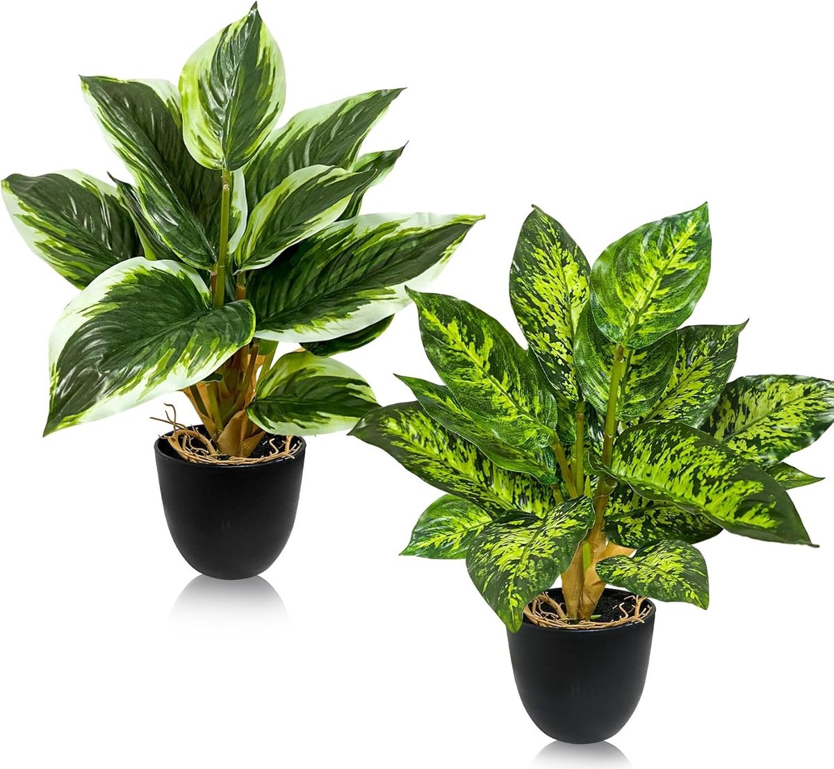 Kunstvetplanten met pot - Witte randen en vlekken - 39 cm hoog - Kunststof bladeren en zwarte pot - Voor binnenhuisdecoratie
