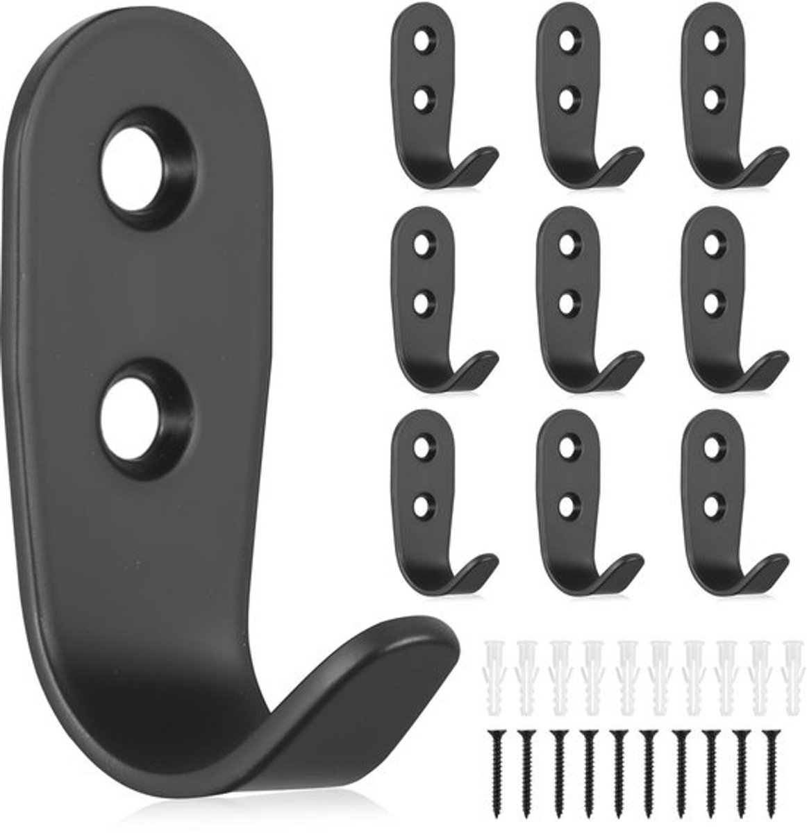 Kledinghaken Set van 10 - Zwarte Wandhaken - Schroefhaken - Hoogwaardig Koolstofstaal - Duurzaam - Hoog Draagvermogen