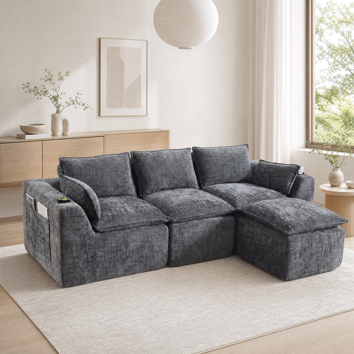 Wishdor Modulaire 3-zitsbank met voetenbank - kussens, bekerhouder en zijvakken - chenille - donkergrijs - 256 x 161 x 75 cm