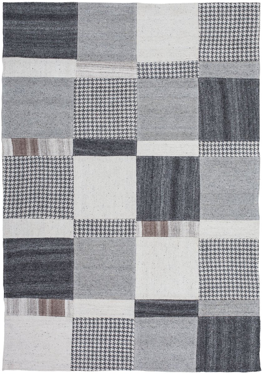 Padiro laagpolig vloerkleed 160 x 230 cm - natuur / grijs - modern patchwork - met grote vierkante vlakken - en pied-de-poule patroon - voor vloerverwarming - van wol en katoen