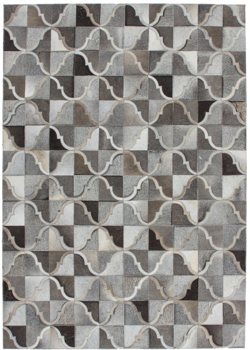 Padiro leren vloerkleed 80 x 150 cm - grijs - boho geometrisch patroon - geschikt voor vloerverwarming - van leer