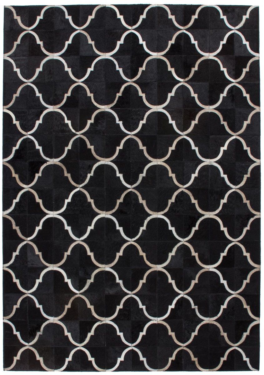 Padiro leren vloerkleed 80 x 150 cm - zwart - boho geometrisch patroon - geschikt voor vloerverwarming - van leer