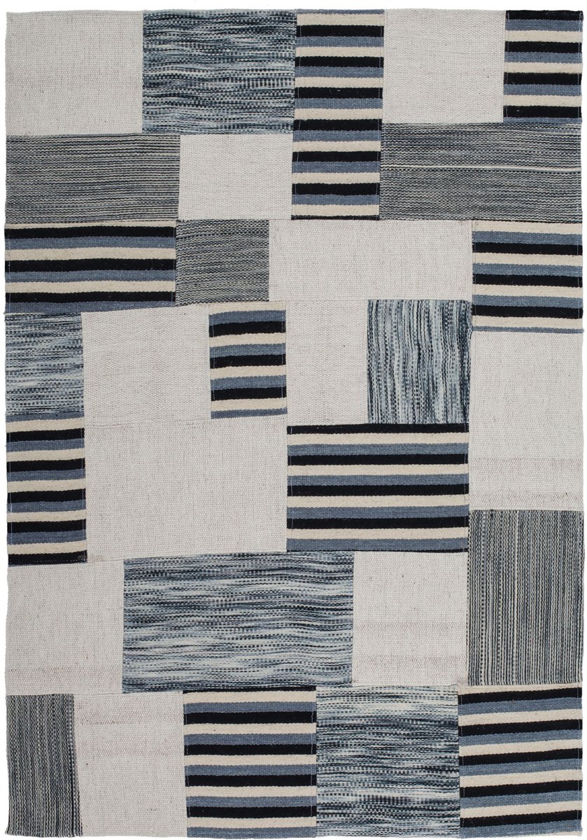 Padiro laagpolig vloerkleed 160 x 230 cm - naturel / grijs - modern patchwork - met rechthoekige vlakken en gestreepte patroon - voor vloerverwarming - handgemaakt - van wol