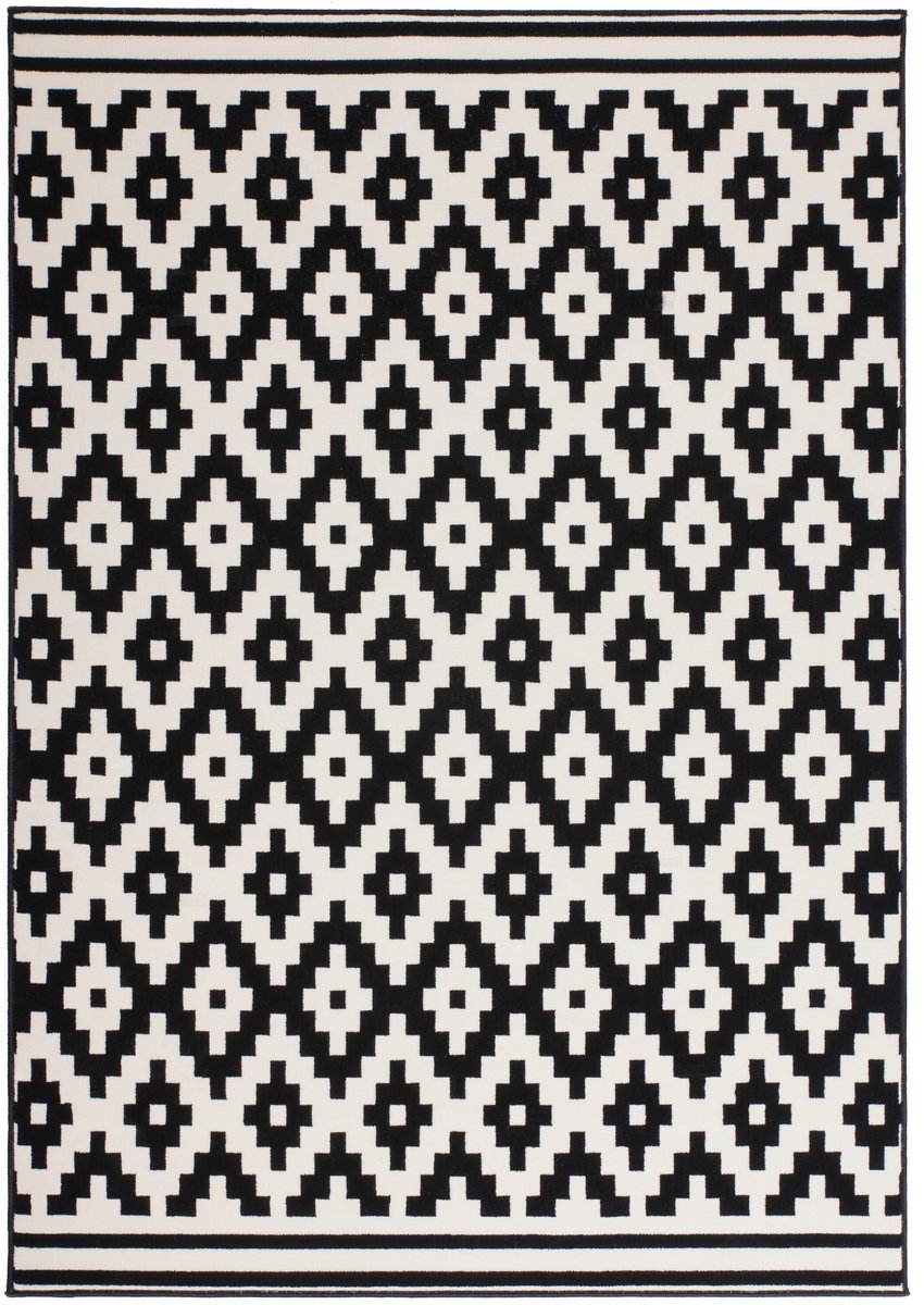 Padiro laagpolig vloerkleed 80 x 150 cm - zwart / wit - modern geometrisch patroon - geschikt voor vloerverwarming - van polypropyleen