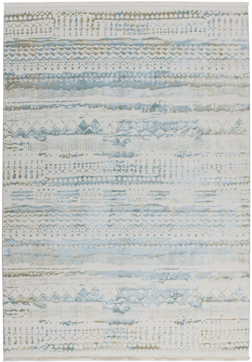 Padiro laagpolig vloerkleed 80 x 150 cm - lichtblauw - modern abstract design - met franjes - geschikt voor vloerverwarming - van modacryl en polyamide