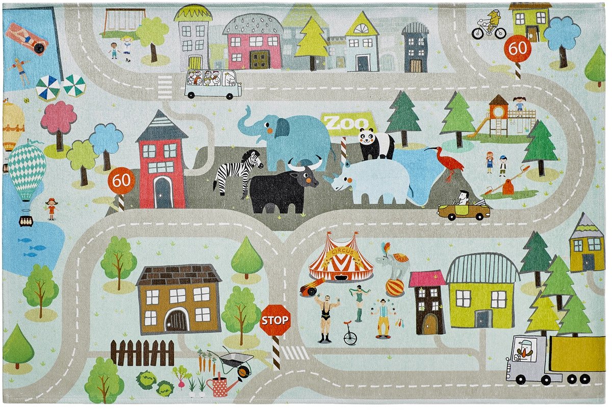 Padiro kindervloerkleed 160 x 230 cm - meerkleurig - speels kindermotief - met stadsmotief - geschikt voor vloerverwarming - van polyester chenille