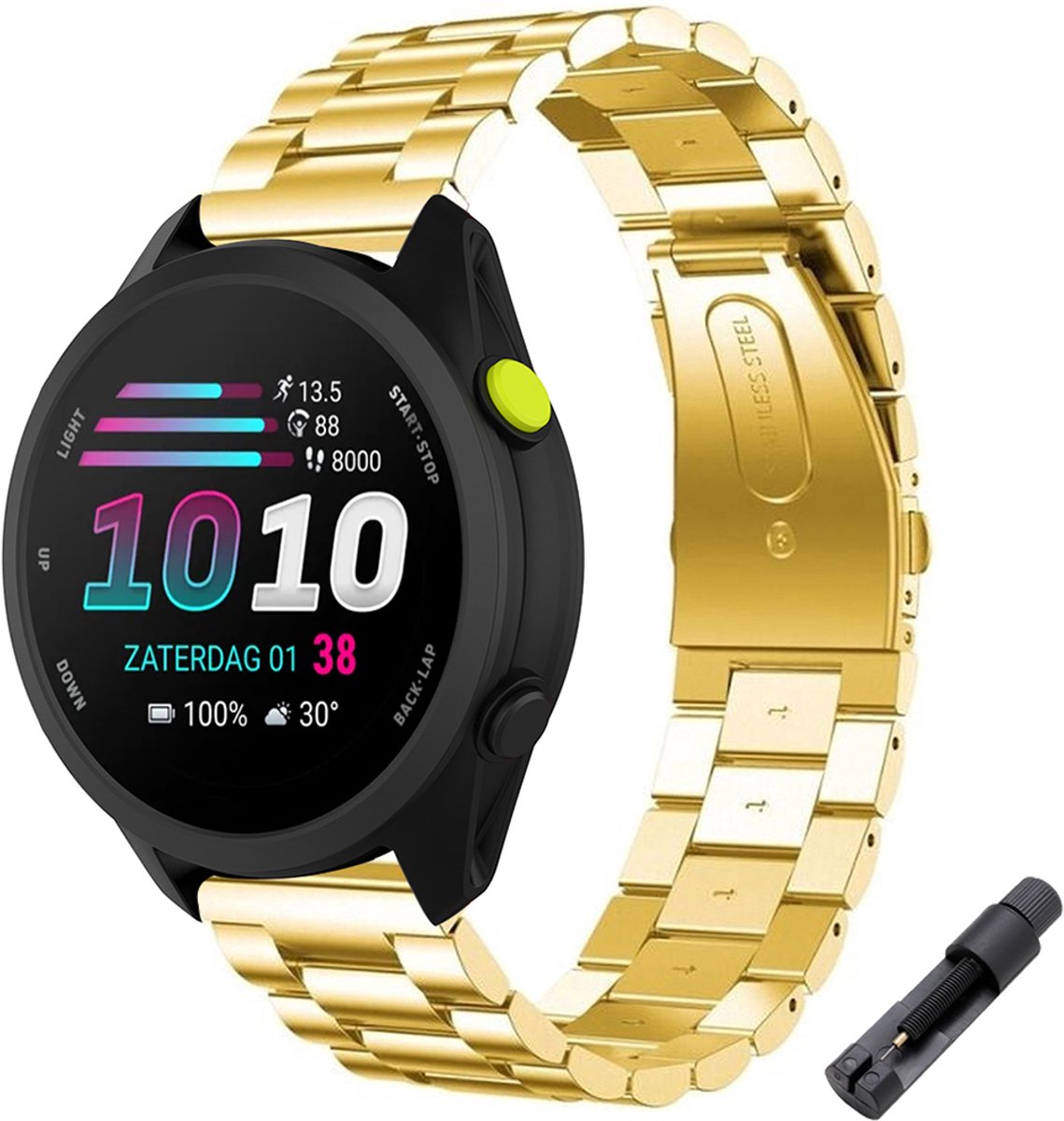 Stravo RVS Schakel bandje – Geschikt voor Garmin Forerunner 70 / 170 / 55 / 165 / 245, Vivoactive 6 / 5 / 3, Venu SQ 2 – Metalen Horlogebandje – Goud