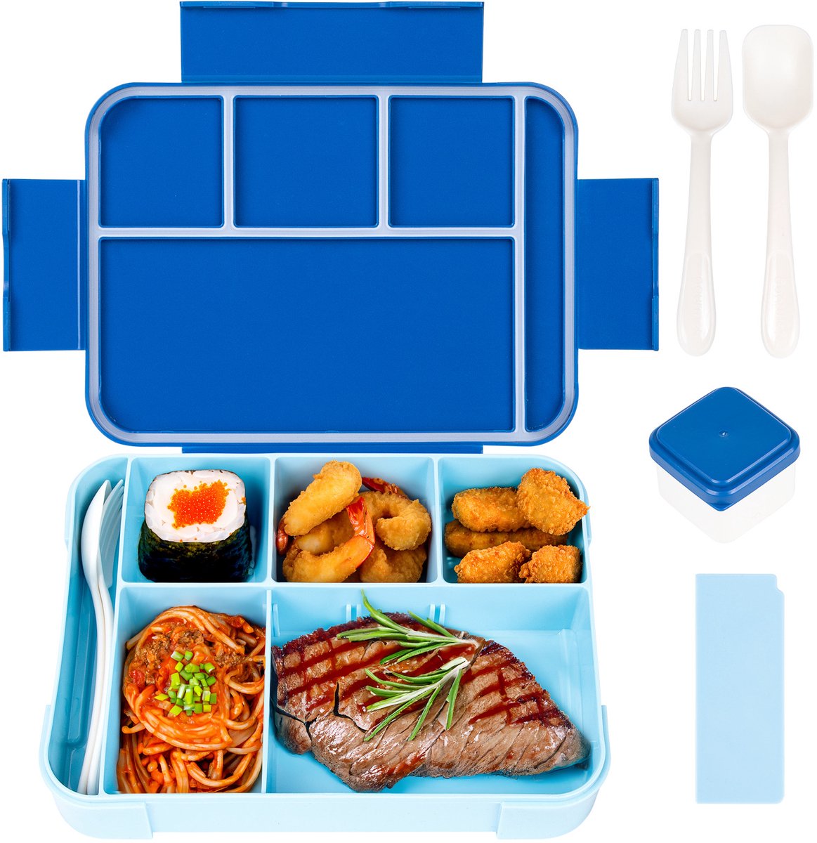 Sanorum Bento Lunchdoos voor Gezinnen: 6 Vakken Lunchcontainers voor Volwassenen, Kinderen en Peuters inclusief Sauscontainers - Veilig voor Magnetron, Vaatwasser en Vrieskast | BPA-vrij-Donkerblauw