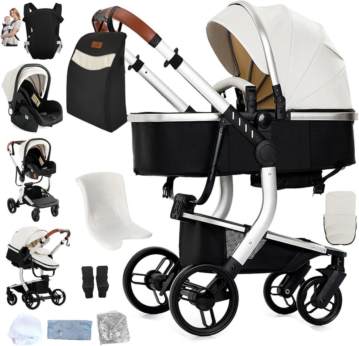 3-in-1 Kinderwagen - Reissysteem Babywagen - Baby Vervoeren - Bidirectionele Duwfunctie - 0-3 Jaar - Wit