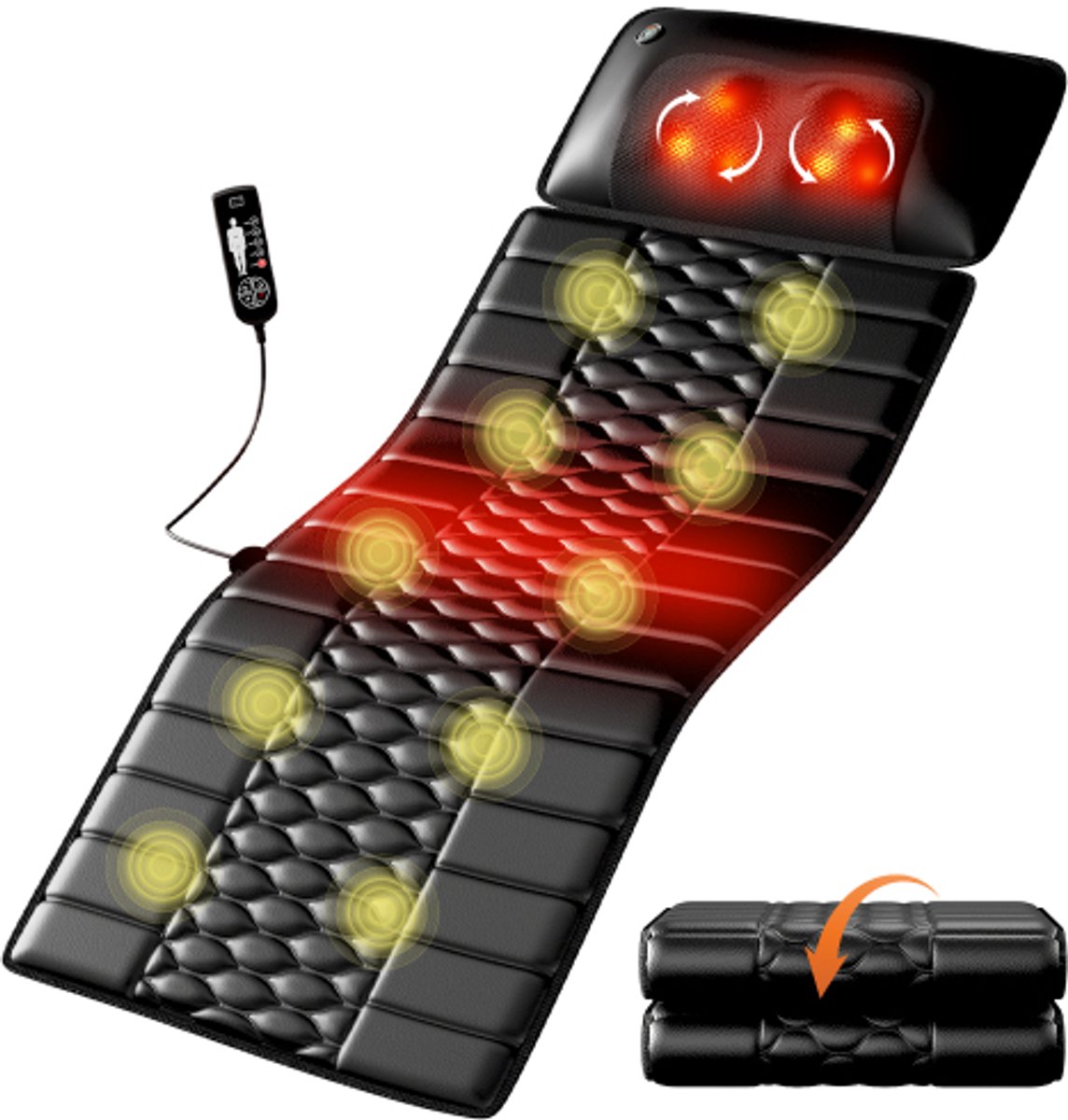 Multifunctioneel massagekussen met verwarming voor nek, taille en rug – veelzijdig massagekussen met massage-element en verwarmingsfunctie, van PU-leer, 155 x 50 x 3 cm, geschikt voor thuis en op kantoor.
