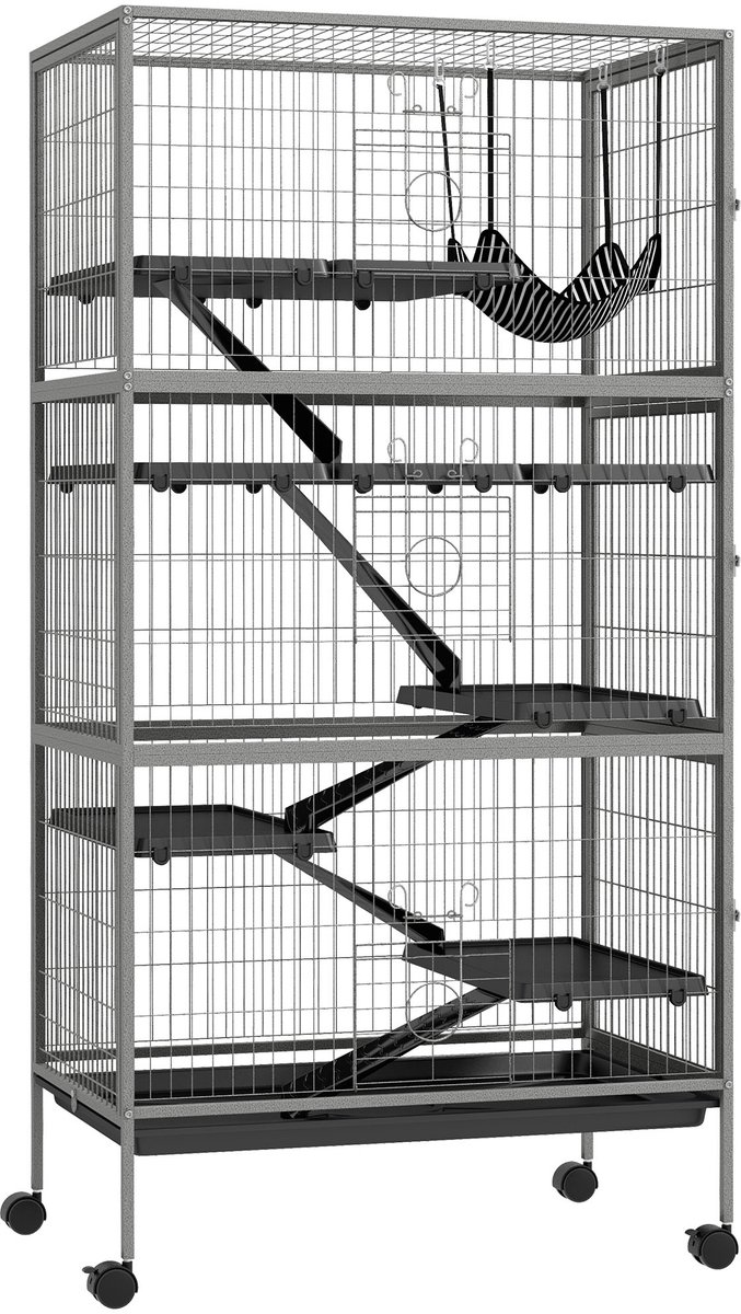 Kooien met looprad voor kleine dieren - 4-verdiepingen kooi voor hamsters en eekhoorns - voorzien van 3 deurtjes - opbergrek - lade - voerbak - drinkfles en glijbaan - antracietgrijs