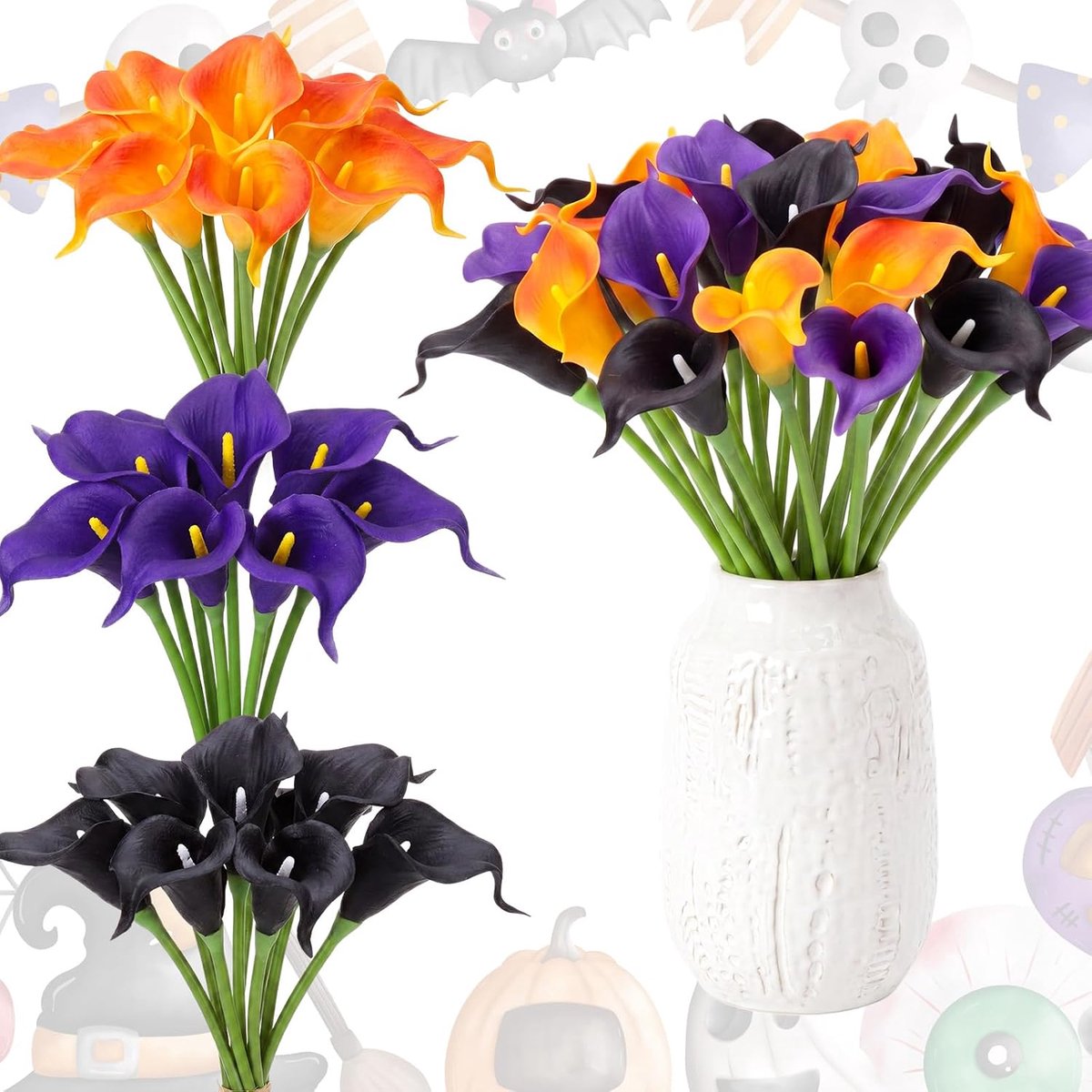 Halloween rozen kunstbloemen - Halloween bloemen - Kunstbloemsteel van 35 cm (geschikt voor bloemschikken) - Verkleedaccessoires - Voor binnen en buiten - Zwart/Oranje/Paars - 24 stuks