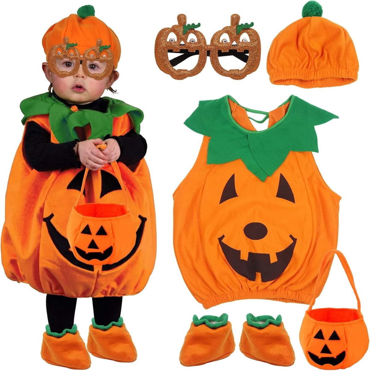Pumpkin Kostuum voor Kinderen met Hoed en Tas - Perfect voor Halloween Feest, Carnaval en Cosplay Activiteiten