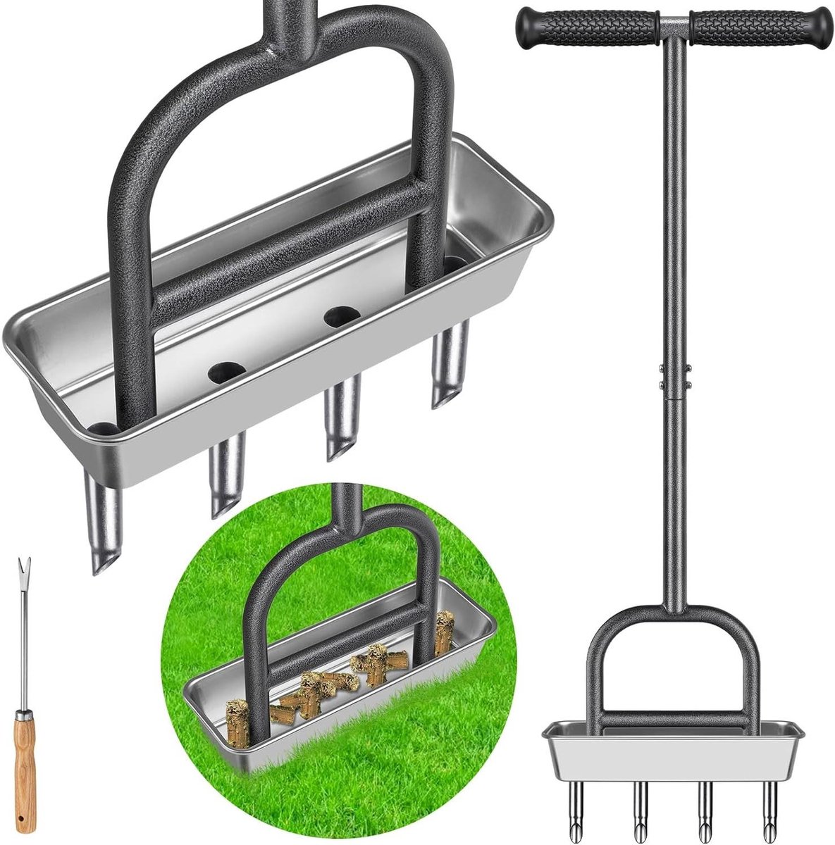 Gazonkerbeluchter - Handmatige aerator - Gazononderhoud - Met opvangbakontwerp - 4 kernen 89 cm - Zwart