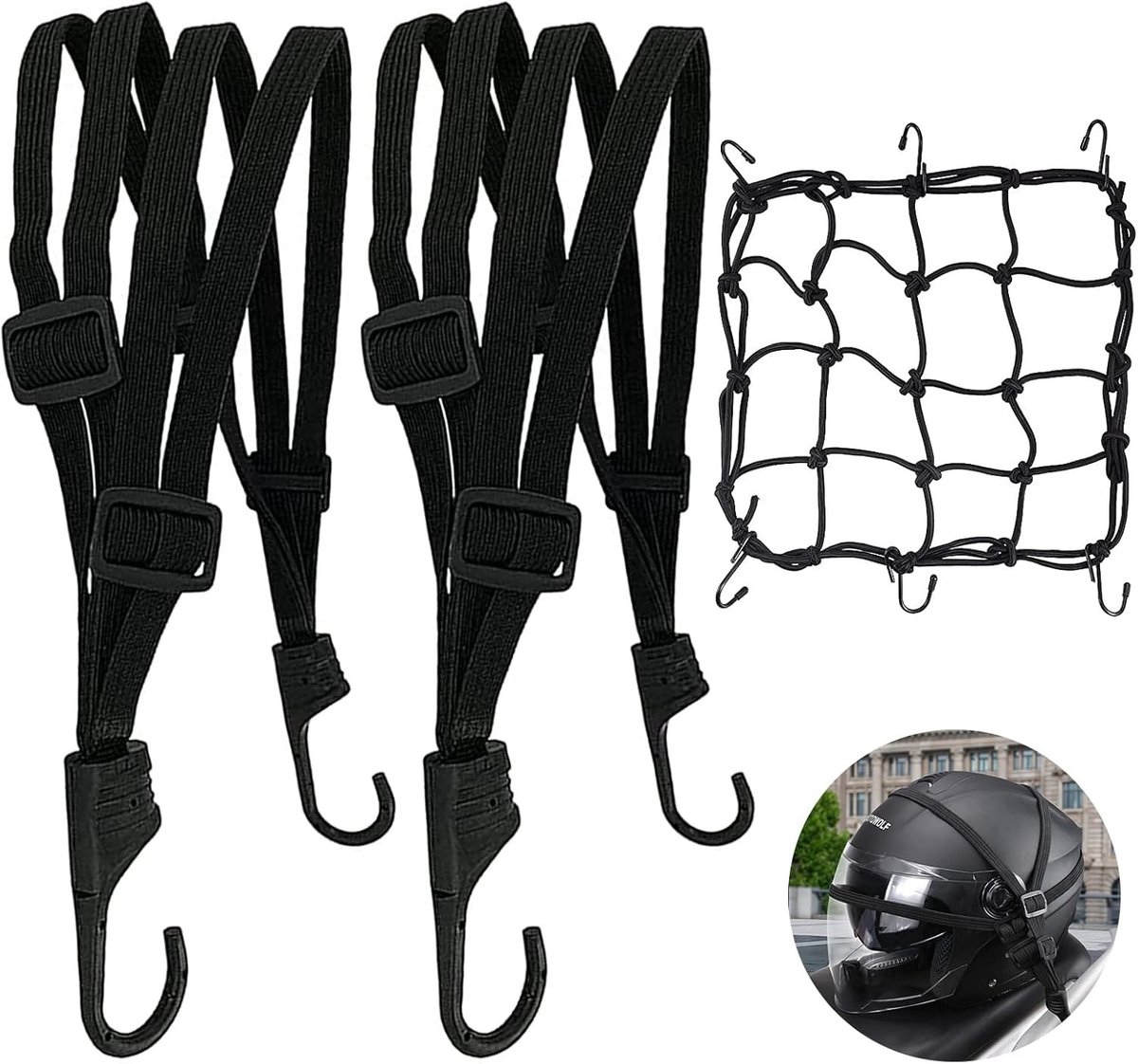 Spanbanden met Haken - Bagagespanners Elastisch - Bagage Vervoeren - 4-in-1 Ontwerp - 2x 60cm + Net - Zwart