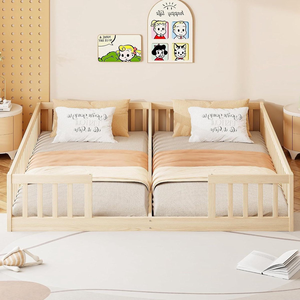 Montessori Bed - Vloerbed Houten Bed - Kinderslaapkamer Inrichten - Met Veiligheidshek - 90x200 cm - Naturel