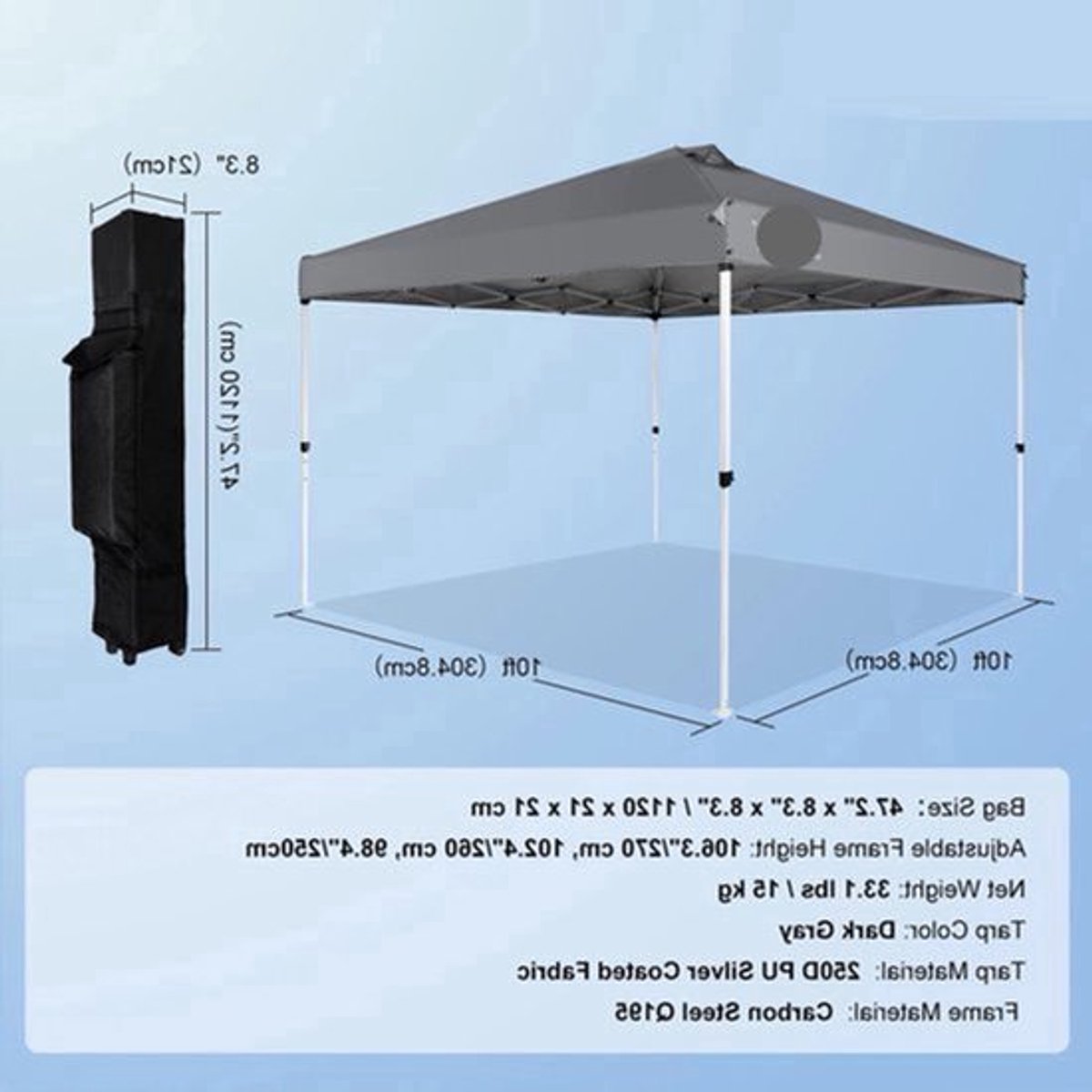 Pop up Partytent - Tent – Partytent Opvouwbaar - Pop up Tent - 3x3m - Waterdichte - 250D PU Partytent - met Wieltas - UV-bescherming - Grijs
