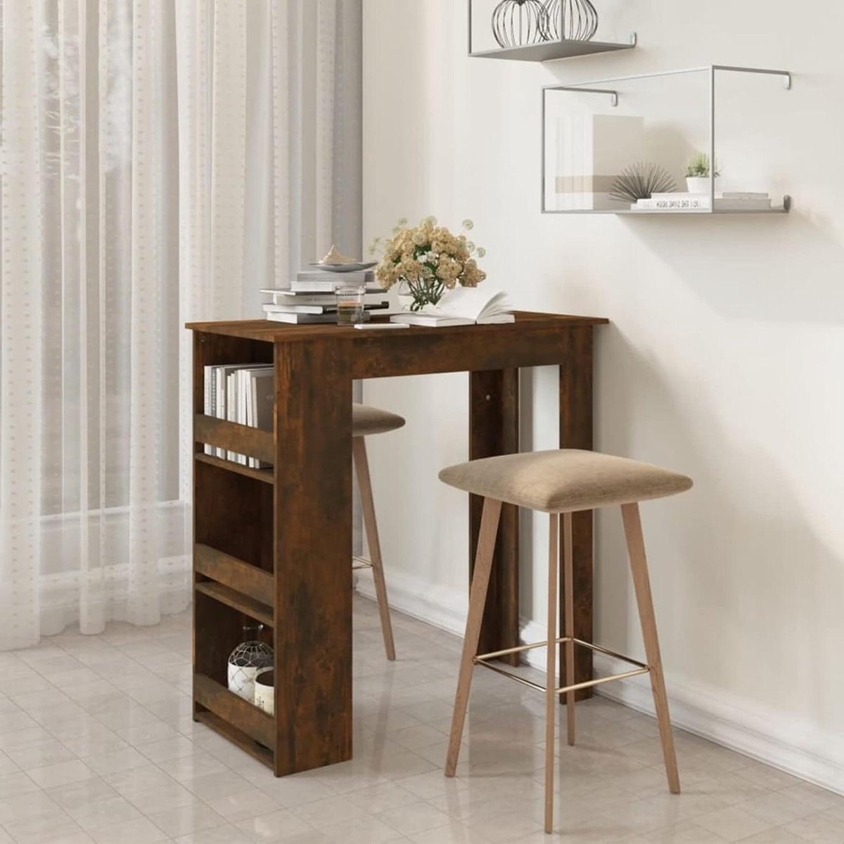 Bartafel met opbergrek - Keukentafel Bistrotafel - Ruimtebesparend Wonen - Drie opbergvakken - 102x50x1035 cm - Gerookt eiken
