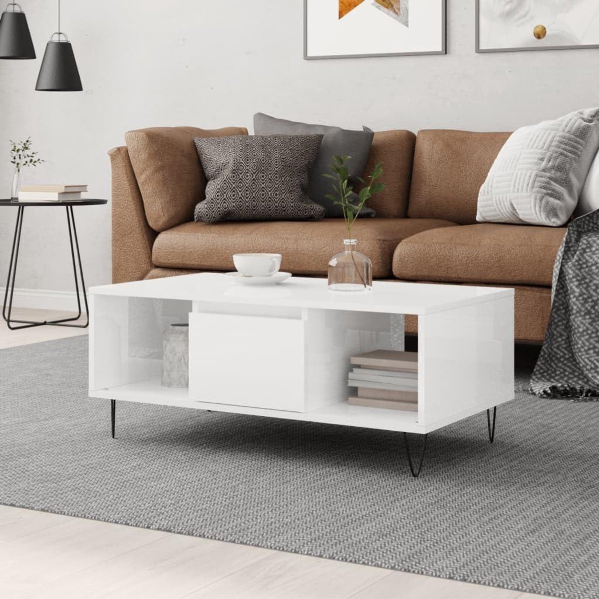 Salontafel met Opbergruimte - Koffietafel Woonkamer - Woonkamer Inrichten - Glad Oppervlak - 90 x 50 x 36.5 cm - Wit