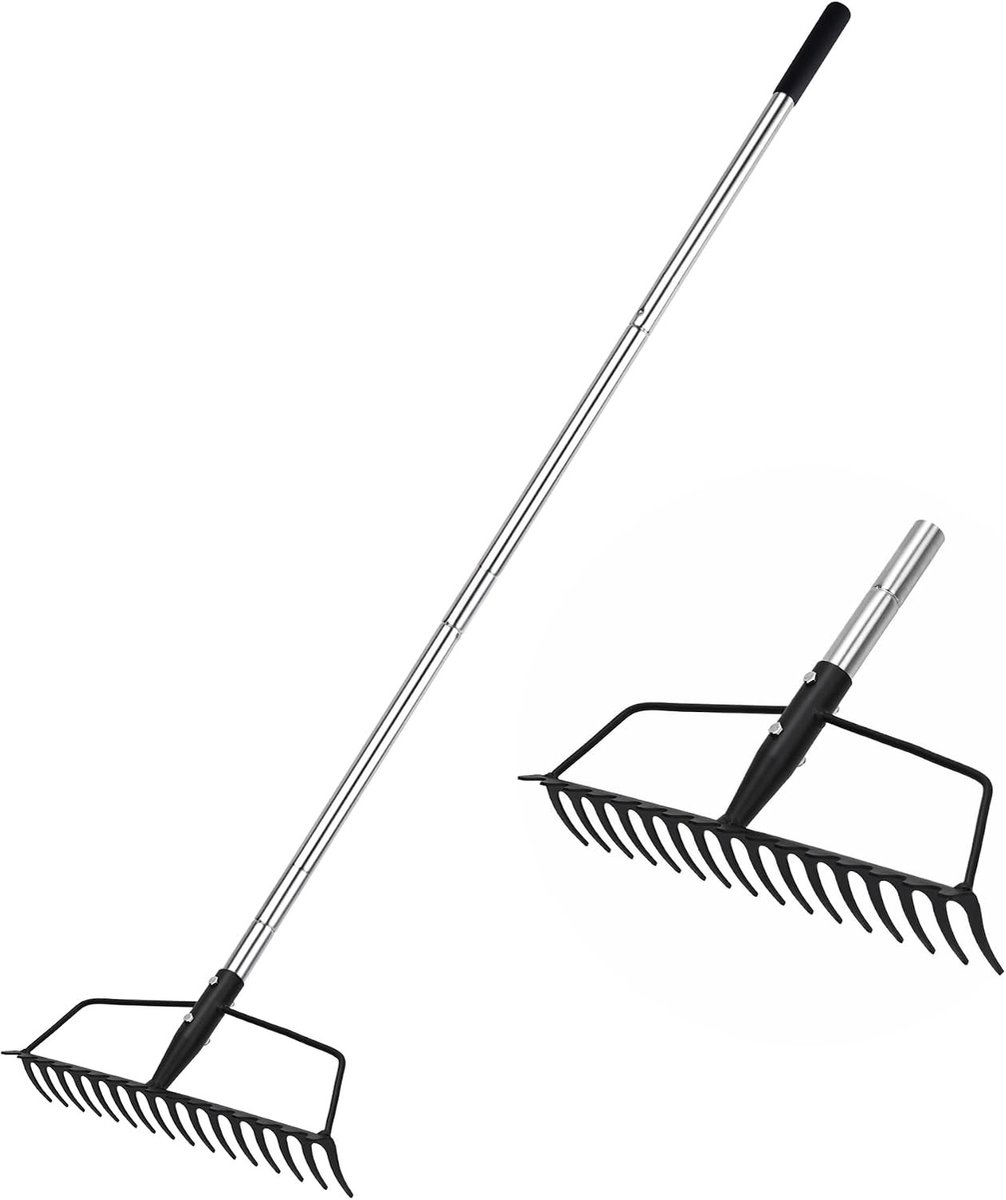 Gazonrakel - Zilver - 134,5 x 40 x 9 cm - Koolstofstaal met Verstelbare Roestvrijstalen Handgreep - Voor Tuinonderhoud