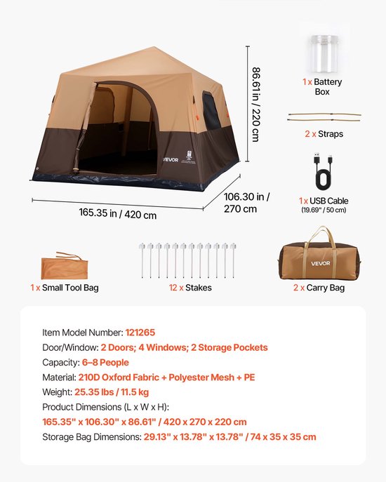 VEVOR Campingtent voor 8 Personen, Opblaasbare Familietent met Oplaadbare Pomp, Tpu-Luchtslang en 4 Gaasramen, Cabinetent met Draagtas voor Gezinskamperen en Wandelen, Beige van Vevor — afbeelding 5