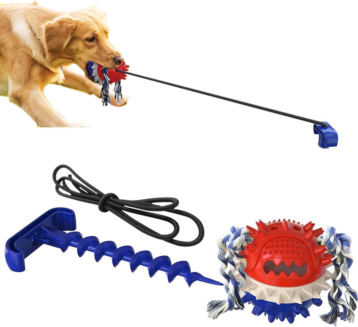 Interactief Hondenspeelgoed - Kauwspeelgoed Hond Hondensnackbal - Tandverzorging Hond - Met Touw en Piek - Eén Maat - Blauw