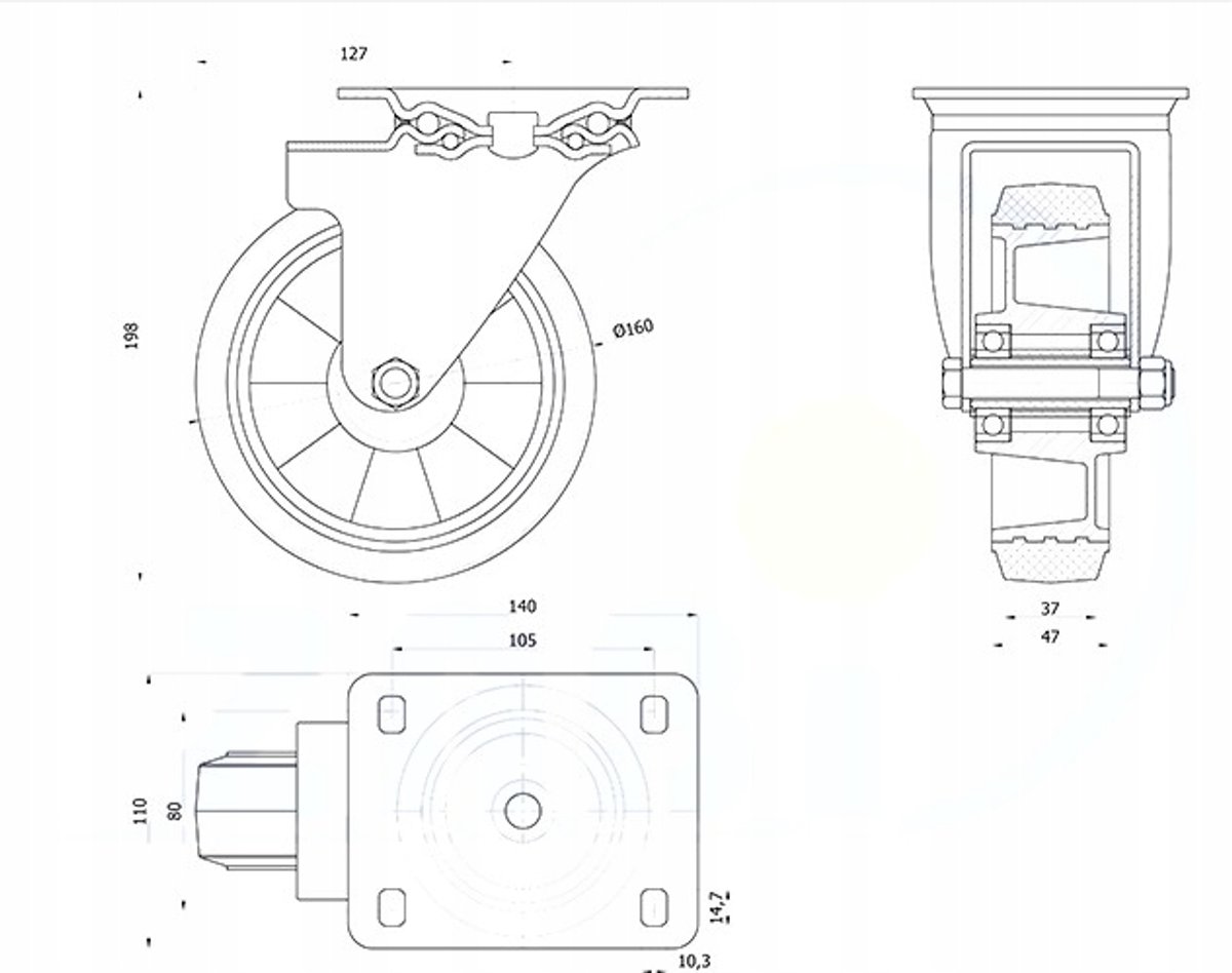Zwenkbaar Aluminium-Rubberen Wiel 160mm, 300 kg