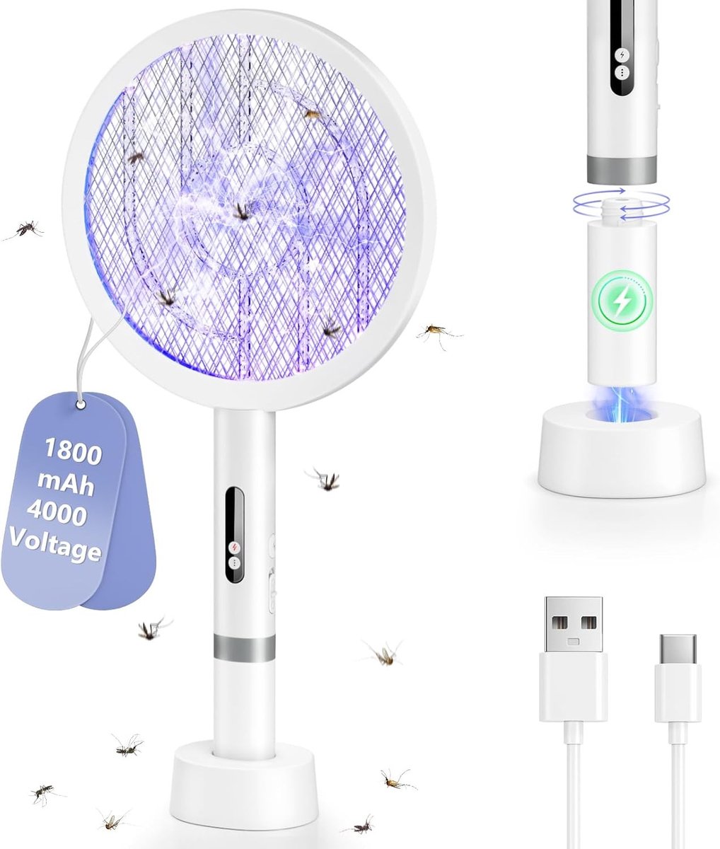 Elektrische Vliegenmepper - Wit - 1800 mAh - 2-in-1 Muggenverdelger met Veiligheidsnet - Voor Binnen en Buiten