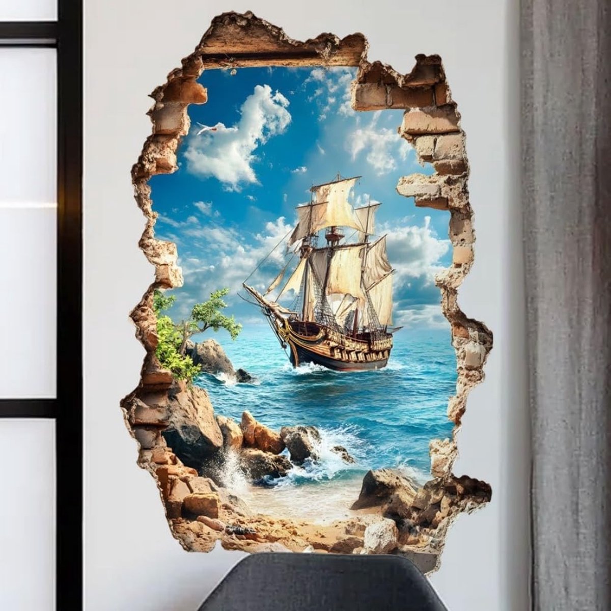Muursticker 3d Zeilboot Schip 60x90cm zelfklevende Muurschildering Muursticker Kinderkamer Woonkamer Slaapkamer Keuken etc. Zeezicht door stenen Muur (Zeilboot A)