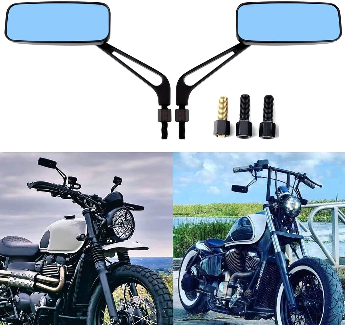 Achteruitkijkspiegel voor motorfiets, rechthoekig, retrostijl, vervanging voor street bikes, sport, bikes, chopper, cruiser, scooter